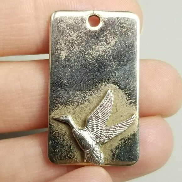Vintage Duck in Flight Metal Rectangle Pendant, Silver Tone, Bird Wings Estate - Picture 1 of 7
